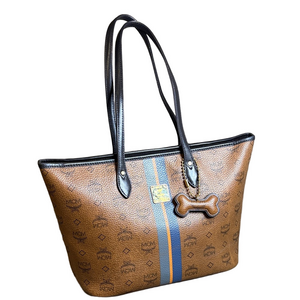 MCM Visetos Brown Tote with Black Handles and Blue Stripe,Dog Bone Charm